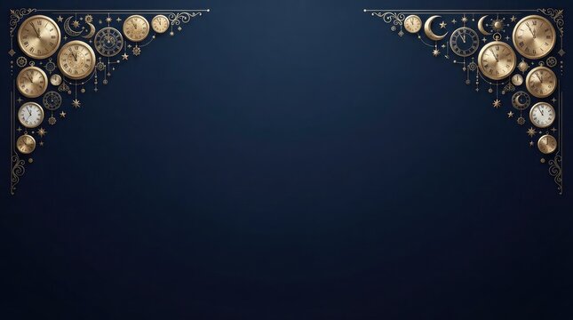 Elegant dark blue background with golden clock and celestial decorations in corners