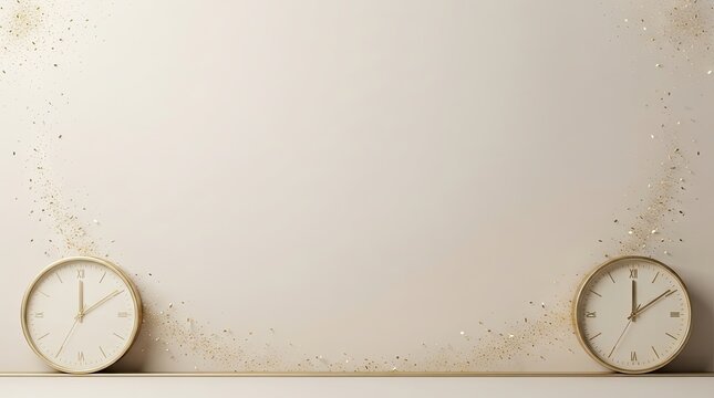 Elegant minimalist background with two golden wall clocks and sparkling gold glitter dust, luxury concept for celebration or time management