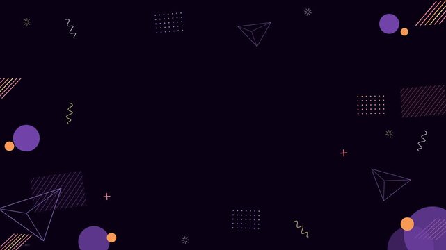 Dark purple surface featuring a pattern of geometric shapes including pyramids, circles, dotted squares, dashed rectangles, plus signs, and wavy lines.