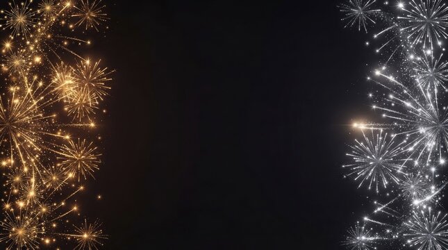 Festive fireworks border with golden and silver sparkles on a black background