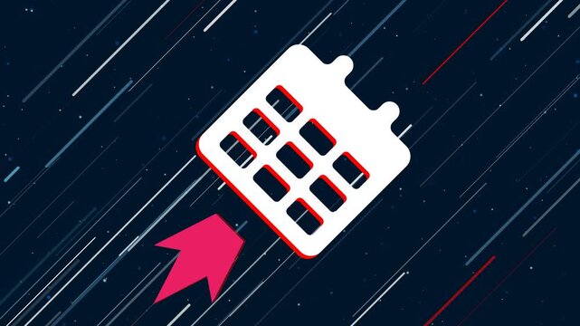 Calendar symbol flies through the universe on a jet propulsion. The symbol in the center is shaking due to high speed. Seamless looped 4k animation on dark blue background with stars