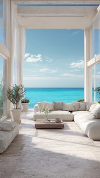 breathtaking luxury coastal house interior overlooking a turquoise ocean, enormous open glass walls, natural stone floor, light oak furniture, linen