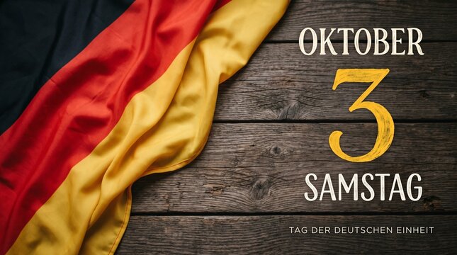 German Unity Day celebration background, Tag der Deutschen Einheit greeting with national flag, October 3rd holiday on rustic wood