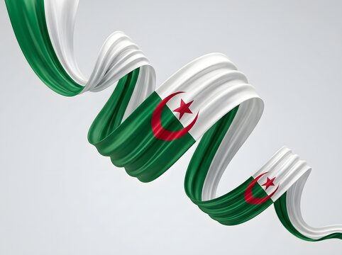 Waving flag of algeria in a spiral ribbon shape, 3d rendered illustration
