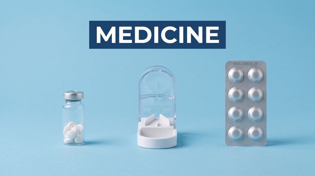 Medicine collection with pill bottle, tablet cutter and blister pack. Pharmaceutical healthcare supplies on blue background.