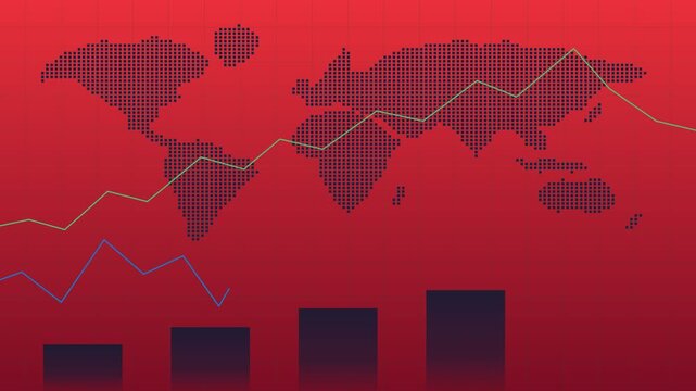 Pixelated world map on a red grid pattern with a green trend line moving upwards across the continents and two rectangular bar charts at the bottom.