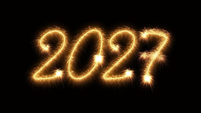 Video animation of sparklers featuring the year 2027 over black background - represents the new year - vacation concept.