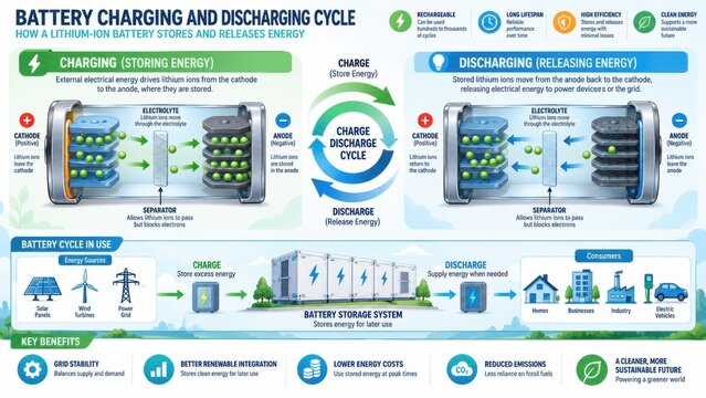 Battery charging and discharging cycle infographic explaining how lithium ion battery stores and releases energy with key components