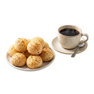 Brazilian P&atilde;o de Queijo Cheese Bread with Hot Black Coffee isolated on transparent background