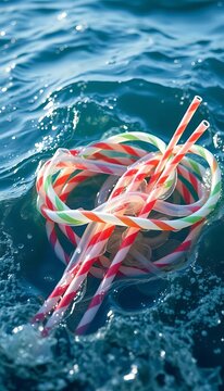 Entwined plastic straws and six-pack rings in ocean current, ocean, ||plastic