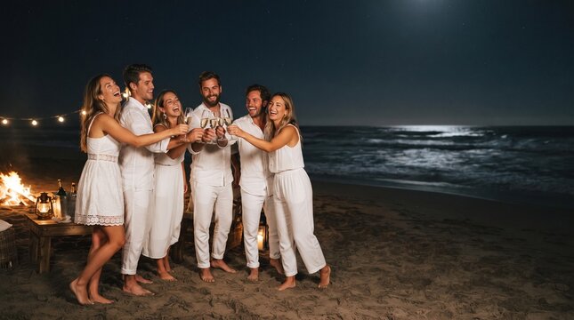 Group of friends celebrating on the beach at night with champagne