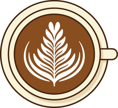 Top view of a fresh cup of hot coffee with white latte art leaf design in a ceramic mug