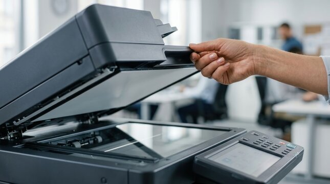 Closeup of a hand opening a scanner lid on a modern office copier.