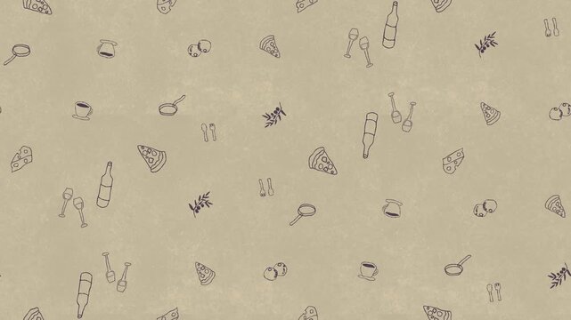 ベージュのテクスチャとイタリア料理手描きアイコンのシームレスループ背景動画