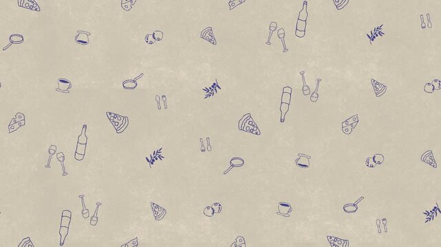 グレーのテクスチャとイタリア料理手描きアイコンのシームレスループ背景動画
