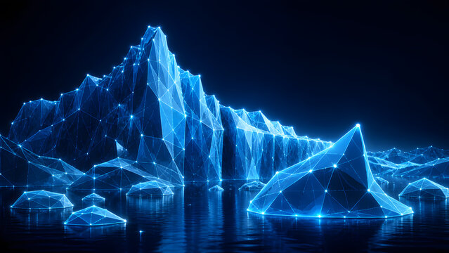 Glowing blue iceberg floating on calm water with sharp icy peak and reflection scene view