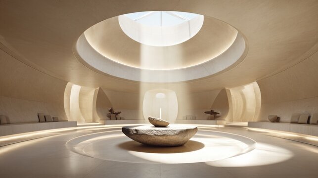 extraordinary luxury interior with a gigantic circular skylight dominating the ceiling, dramatic beam of sunlight illuminating a sculptural stone