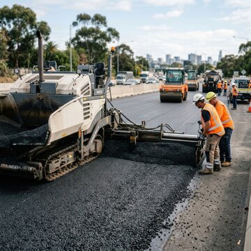 Road construction crew laying asphalt with a paving machine on a busy highway.
