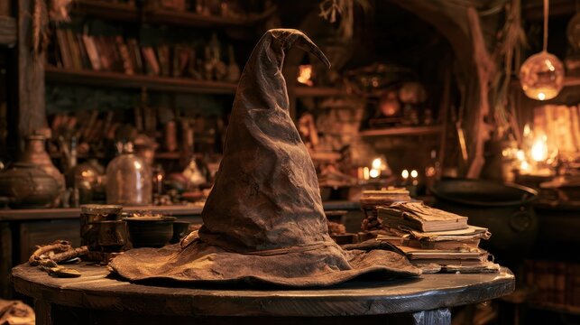 Mysterious Sorting Hat on Wooden Table Surrounded by Old Books and Alchemical Ingredients in Enchanted Wizarding Workshop