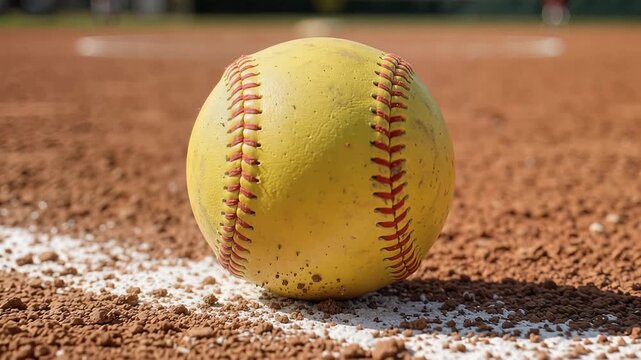 Yellow softball resting on chalk foul line of brown infield dirt
