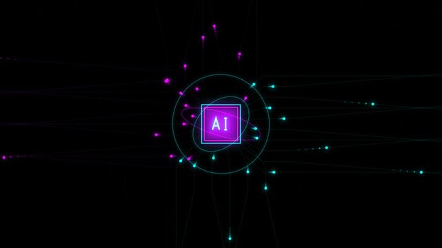 Futuristic AI Text Logo Animation with Glowing Data Particles and Cyber Circuitry Motion Background