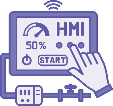 Purple Human Machine Interface Icon. Vector Illustration. Touchscreen Connecting a Person to Sensors and IT Systems at the Facility. Smart Factory and Industrial IoT Concept