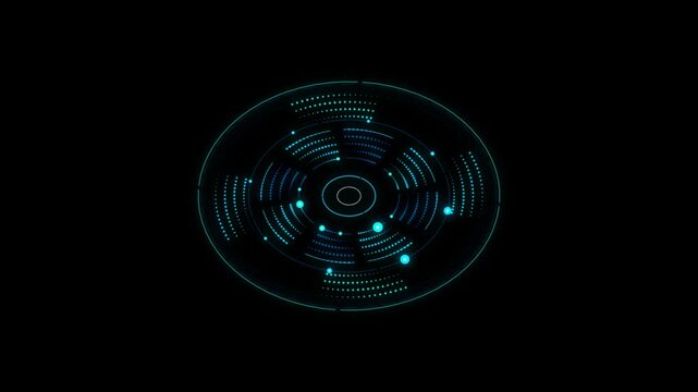 Neon Blue Circular HUD Interface Animation with Glowing Particles and Futuristic Digital Elements