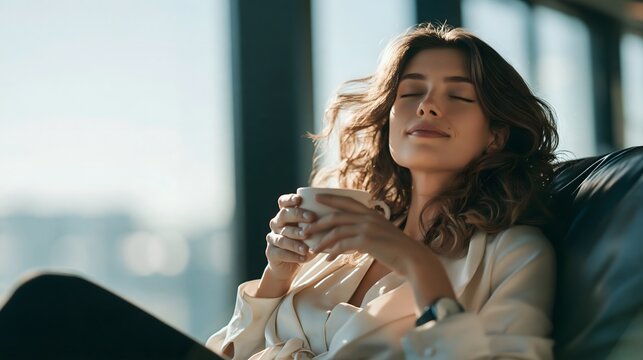 Entspannte Gesch&auml;ftsfrau geniesst eine ruhige Pause mit einer warmen Tasse