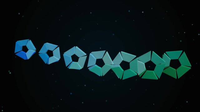 Rotating 3D blue and green pentagon ring loop over dark abstract space background with particles