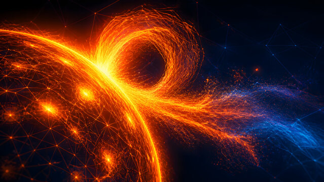 Wireframe fiery sphere emitting glowing orange energy loop with blue plasma stream in deep space
