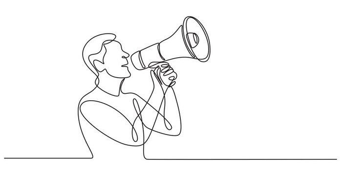 Animation of continuous one line drawing casual dressed man holding megaphone and shouting. Shout out. Loud voice. National Be Heard Day. Single line self drawing animated. Full length motion, 4K