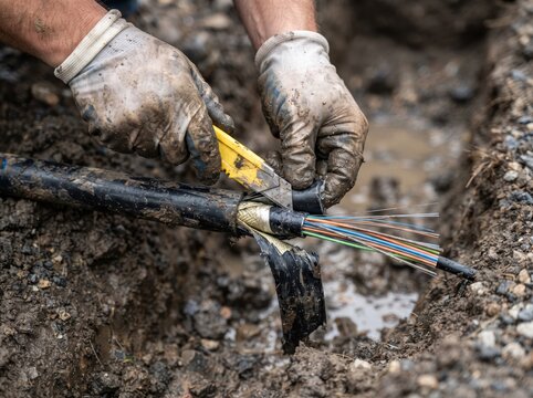 Close-up of a worker wearing dirty gloves cutting open an underground fiber optic cable with a utility knife for repair and splicing in a muddy trench.