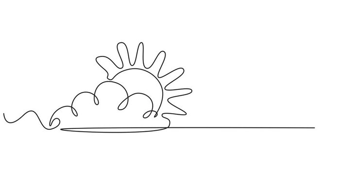 Animation of one line drawing of clouds with sun in the sky. Weather symbol and storage concept. Continuous line self drawing. Animated illustration. 4K