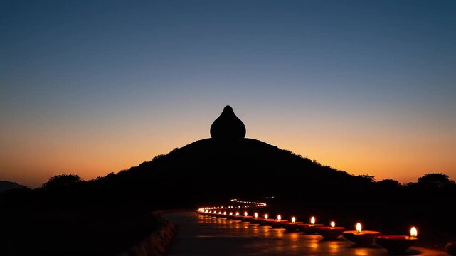 Ganesh Chaturthi Modak-Shaped Hill Silhouette at Twilight with Diya Lamps, 4K Indian Festival Background Footage