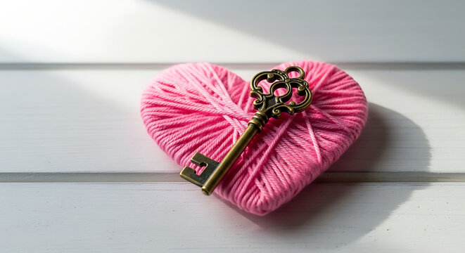 A vintage brass key resting on a heart-shaped made of wrapped pink yarn, placed on a white wooden surface with natural sunlight