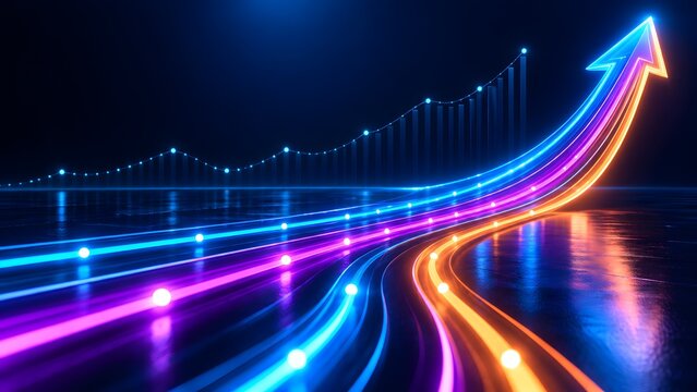 Glowing digital light trails merging into an upward arrow with financial bar charts representing data driven business growth