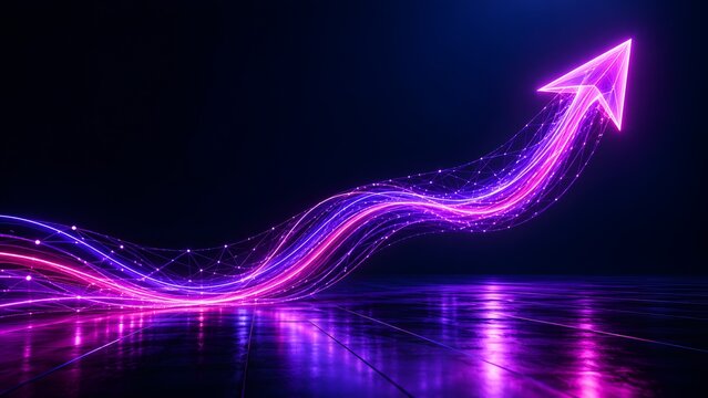 Glowing digital arrow made of purple light streams and polygonal network nodes representing technological connection and progress