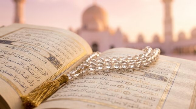 Open Quran with prayer beads and mosque background.