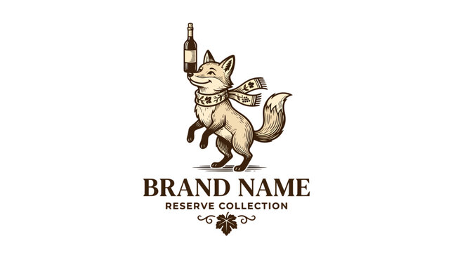 Fox holding a bottle of wine vintage style emblem logo design.