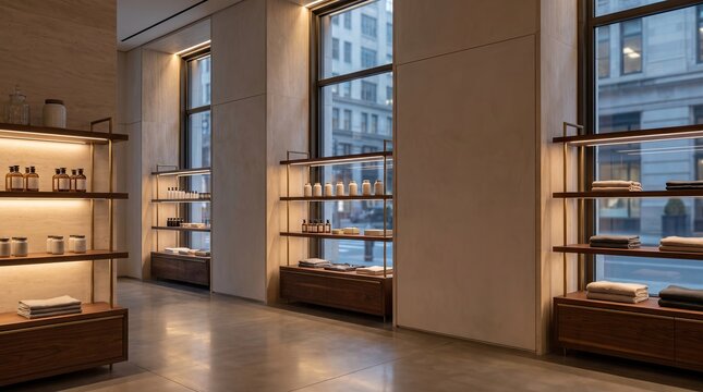 Modern luxury retail store interior with illuminated display shelves and large windows overlooking a city street