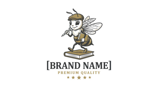 Vintage style logo featuring a cute cartoon bee character reading a book.