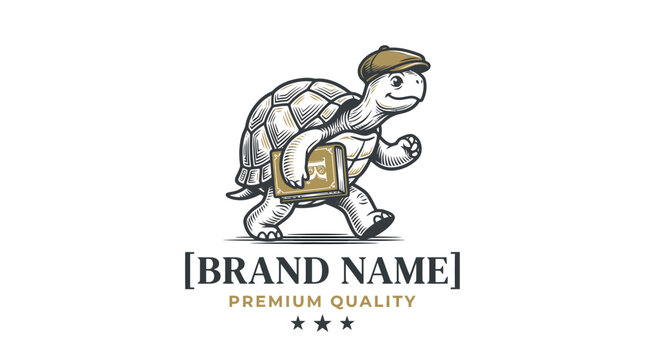 Vintage style logo featuring a cute walking turtle wearing a flat cap and carrying a book.