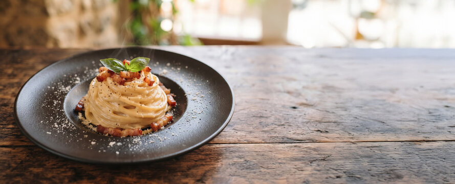 Gourmet Spaghetti Carbonara with Crispy Guanciale in Black Plate on Rustic Table with copy space