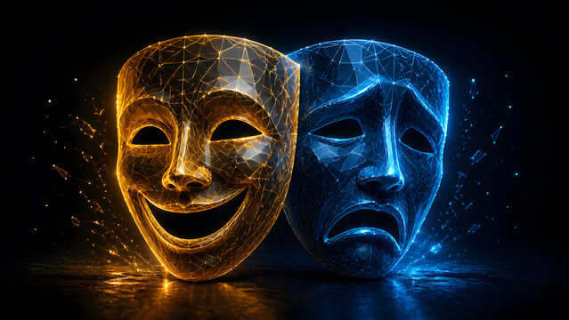 Wireframe theater mask pair glowing in gold and blue light representing drama and performance art