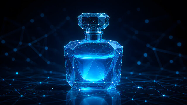 Wireframe perfume bottle glowing in blue light representing luxury fragrance and digital cosmetic technology design