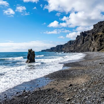 A long shot of a pebbly and sandy volcanic beach stretching along a coastline with dark cliffs under a bright sky with moderate waves, clouds, outdoor, geology