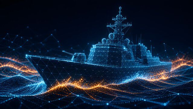 navy warship sailing on ocean waves with glowing blue orange wireframe design representing military defense and power