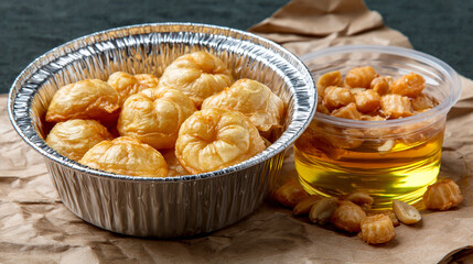 Obraz premium Small fried corn puff snacks in a metal bowl beside a clear cup of golden cooking oil