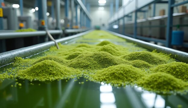 Sustainable algae-based animal feed production facility combining cultivation, drying and pellet processing to support alternative agricultural nutrition and resource-efficient farming