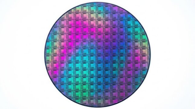 Semiconductor silicon wafer disk for integrated circuit fabrication isolated on white background.